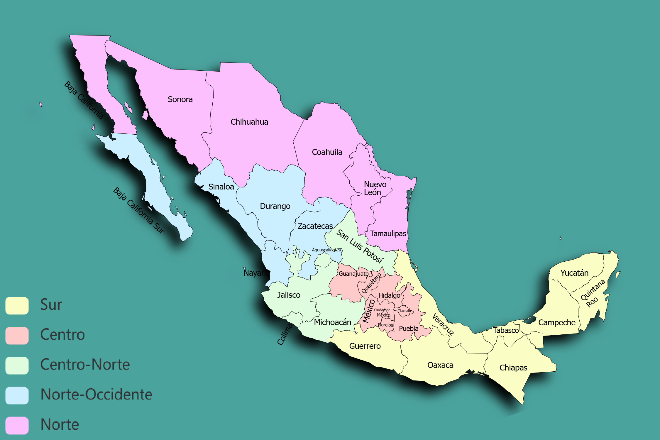 Mapa de las regiones de México con leyenda de colores